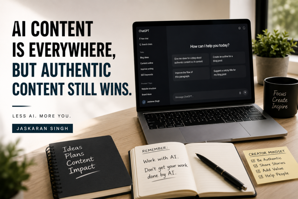 AI content and authentic content illustration showing human creativity working with AI