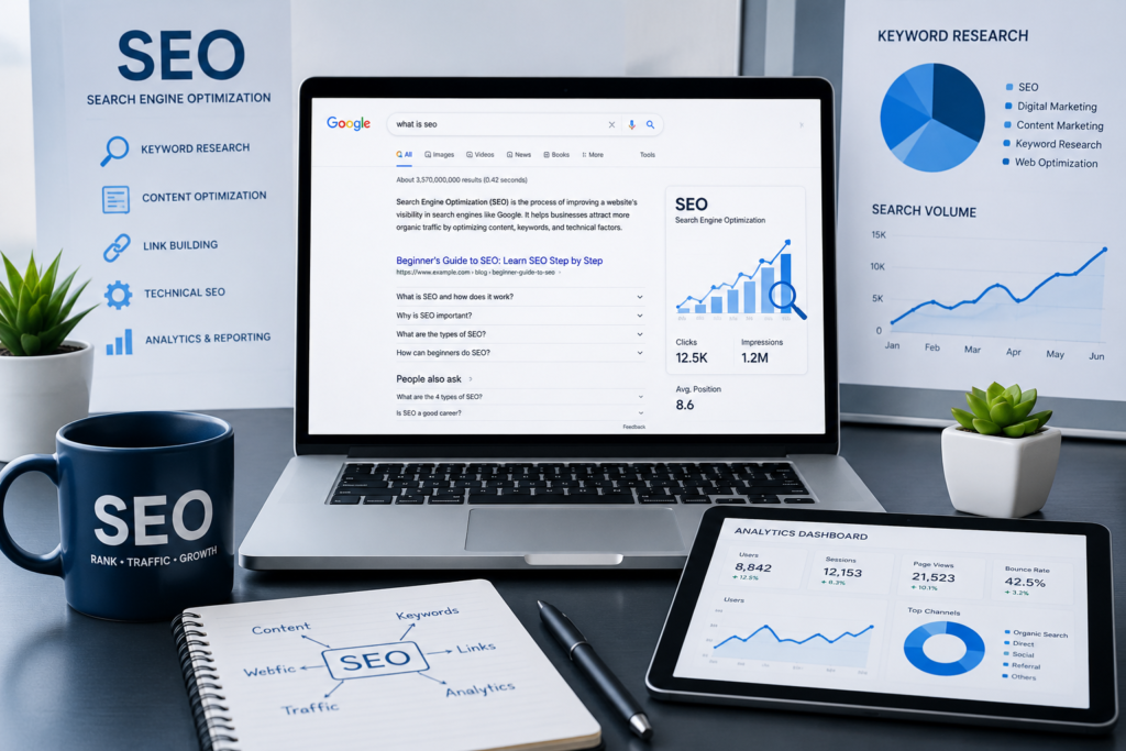 Beginner's Guide to SEO showing website optimization and keyword research.