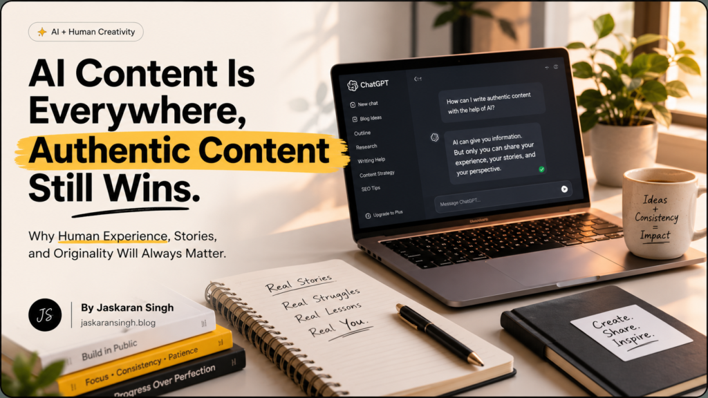 AI content and authentic content illustration showing human creativity working with AI
