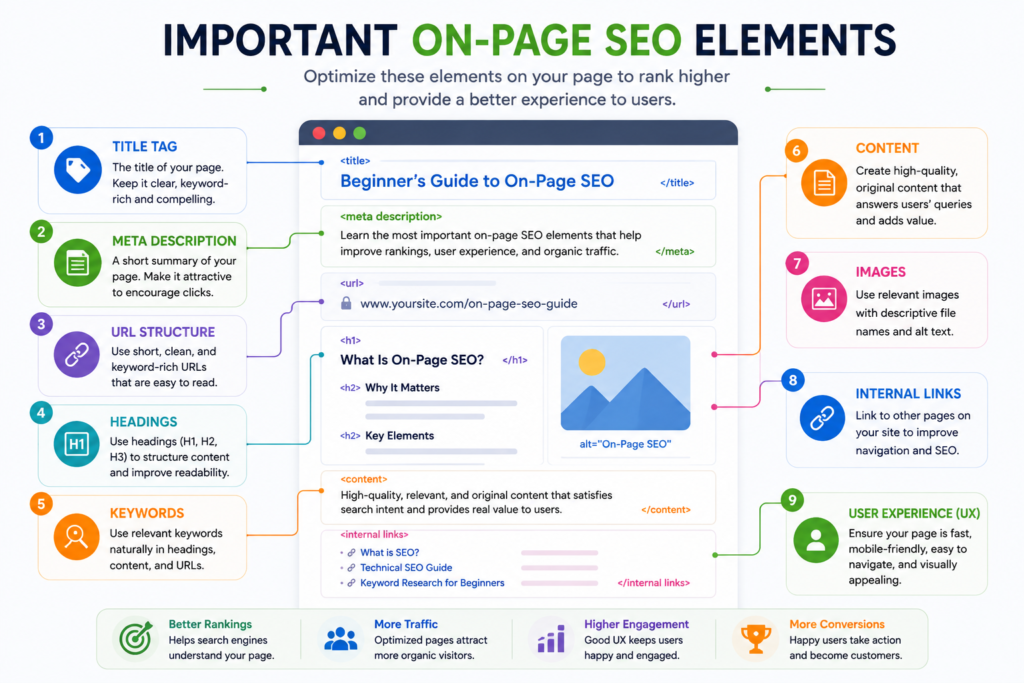 Important On-Page SEO elements including title tag, meta description, URL, headings, keywords, content, internal links, images and user experience