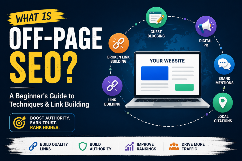 Off-page SEO guide showing link building, guest blogging, digital PR and backlinks