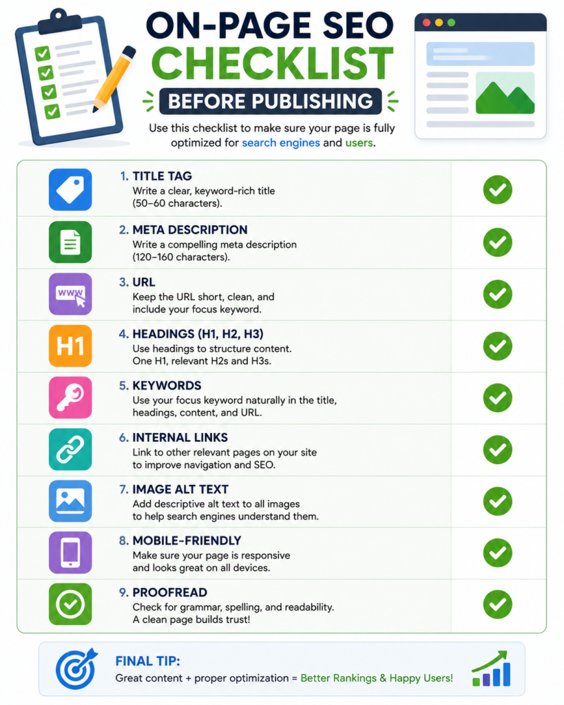 On-Page SEO checklist covering title, meta description, URL, headings, keywords, internal links, alt text, mobile friendliness and proofreading