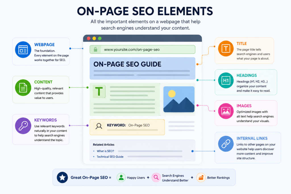 On-Page SEO elements including content, title, headings, keywords, images and internal links