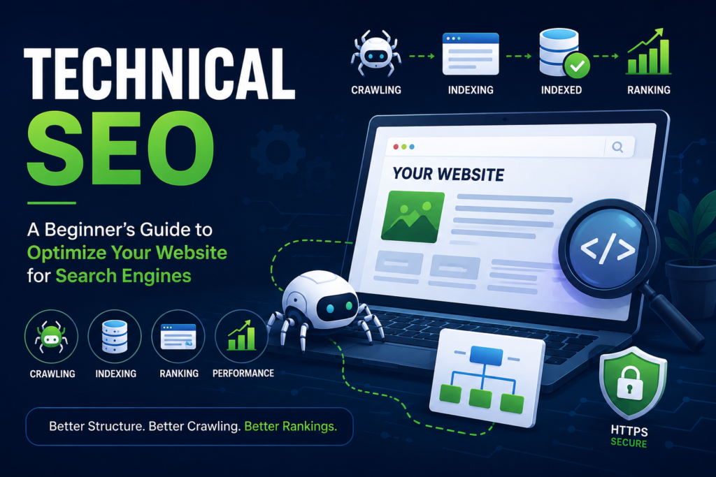 Technical SEO beginner's guide showing website crawling, indexing, ranking, and performance