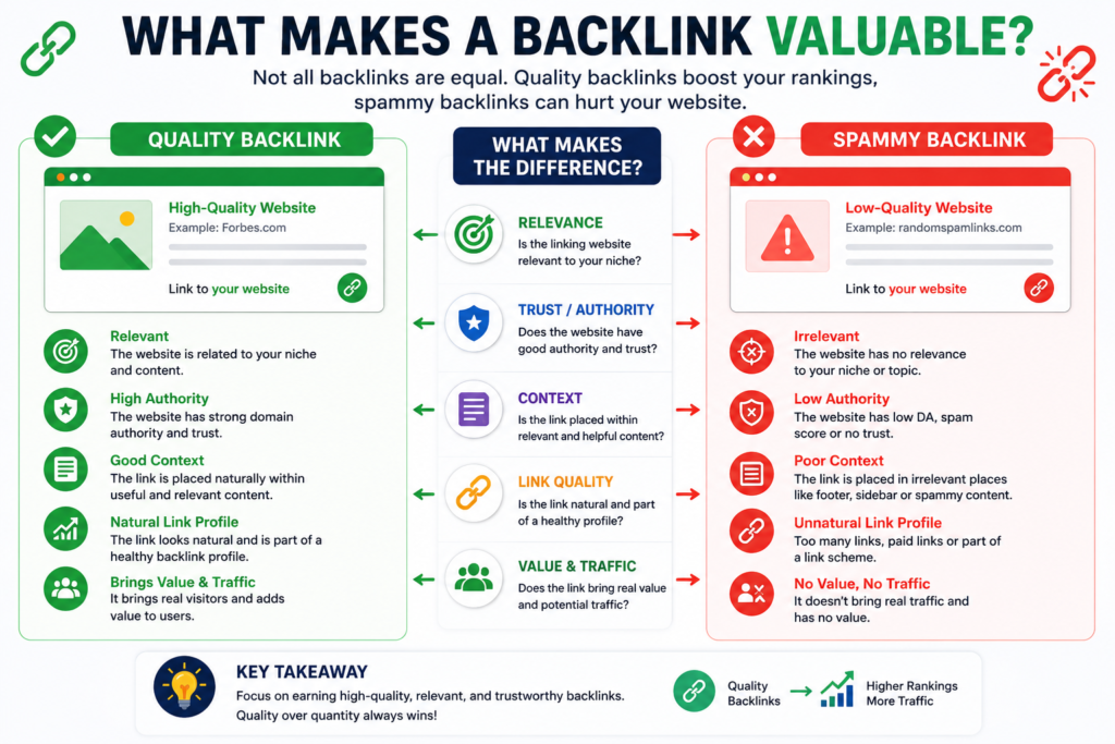 Comparison of valuable and spammy backlinks showing relevance, trust, context, and link quality
