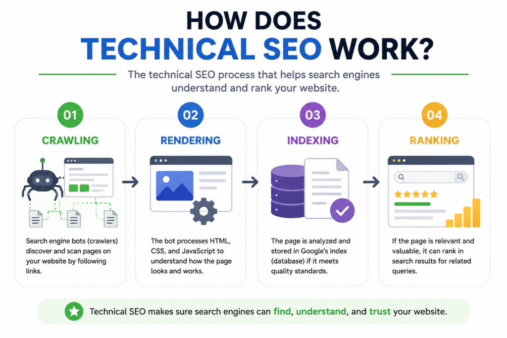 How Technical SEO works through crawling, rendering, indexing, and ranking