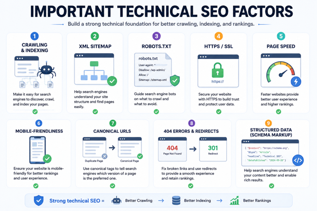 Important Technical SEO factors including crawling, sitemap, robots.txt, HTTPS, page speed, mobile-friendliness, canonical URLs, redirects, and structured data