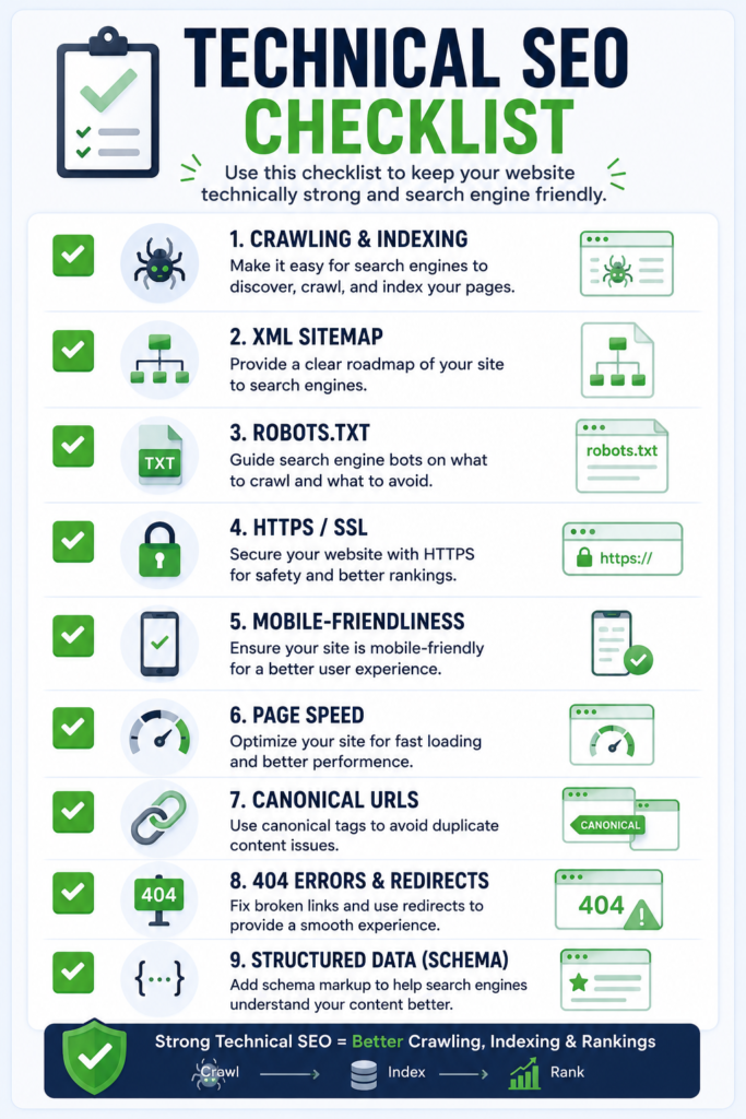 Technical SEO checklist covering crawling, sitemap, robots.txt, HTTPS, mobile-friendliness, page speed, canonical URLs, 404 errors, and structured data