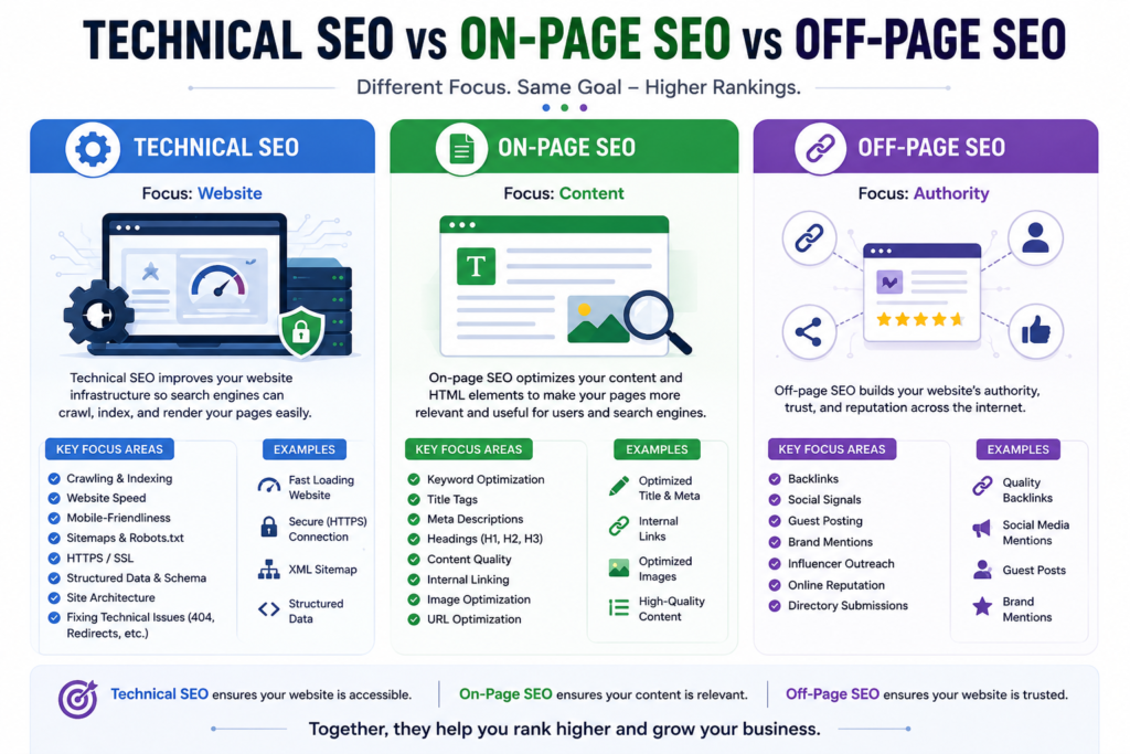 Comparison of Technical SEO, On-Page SEO, and Off-Page SEO